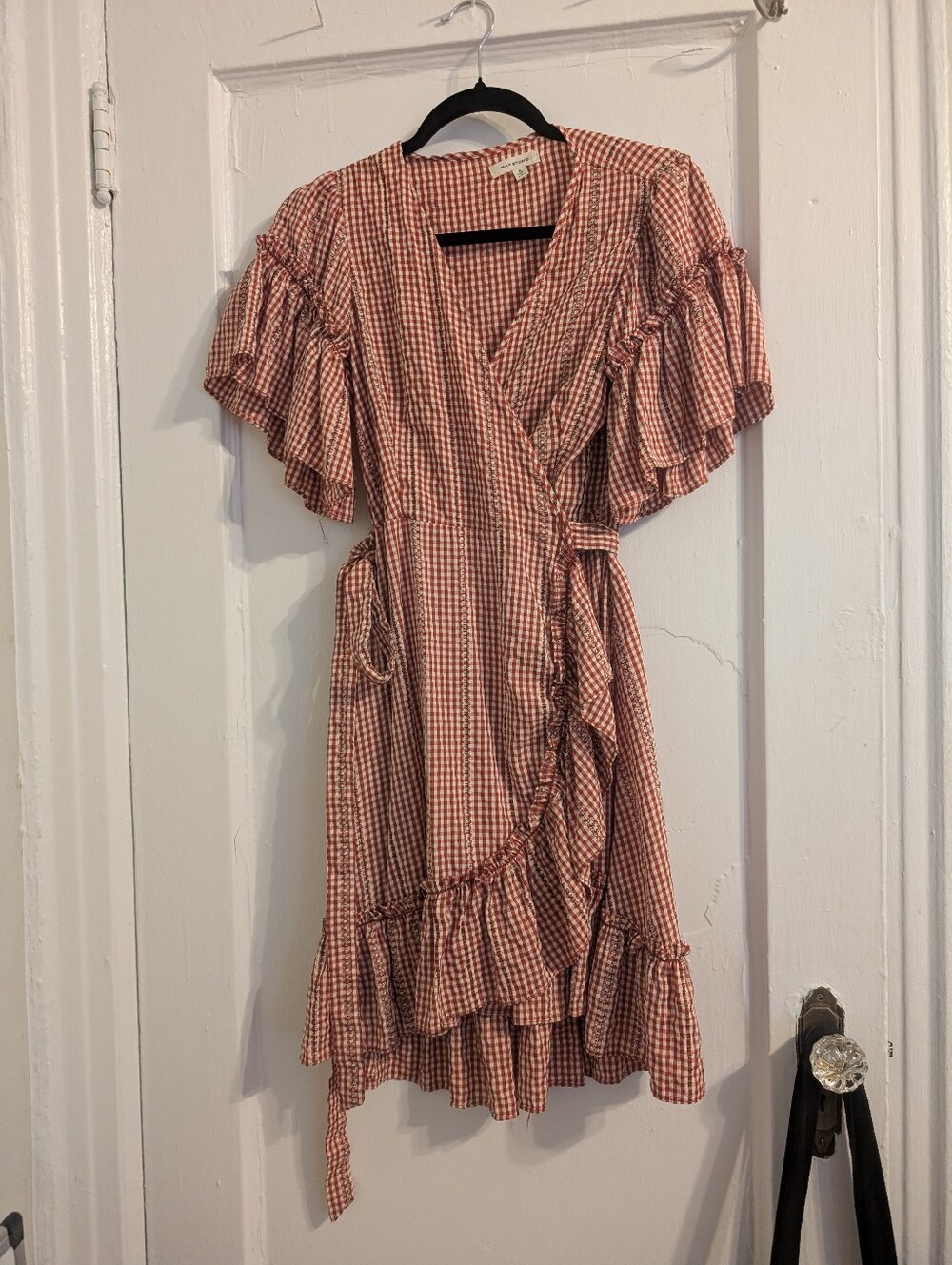 ​Max Studio Red Gingham Check Ruffle Flutter Sleeve Wrap Mini Dress Size Small